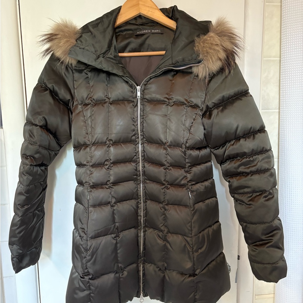 Andrew Marc down filled hooded car length puffer coat